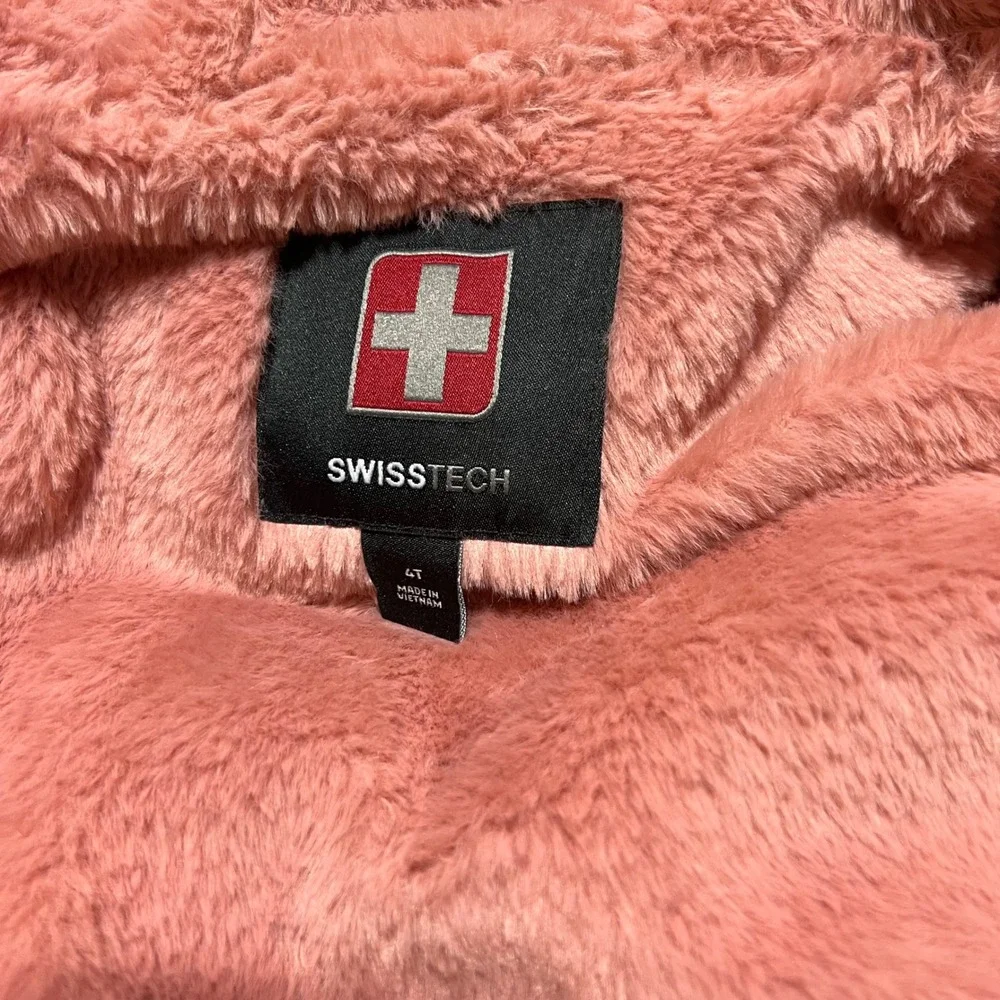 Swiss Tech Kids Girls 4T Puffer Jacket Pink Green Tan Lined Hooded Winter Coat‎